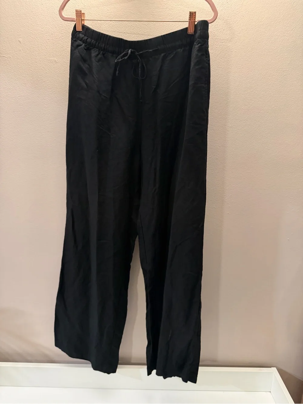 HM Black Linen Blend Wide Leg Drawstring Elastic Waist Pants Womens Medium
